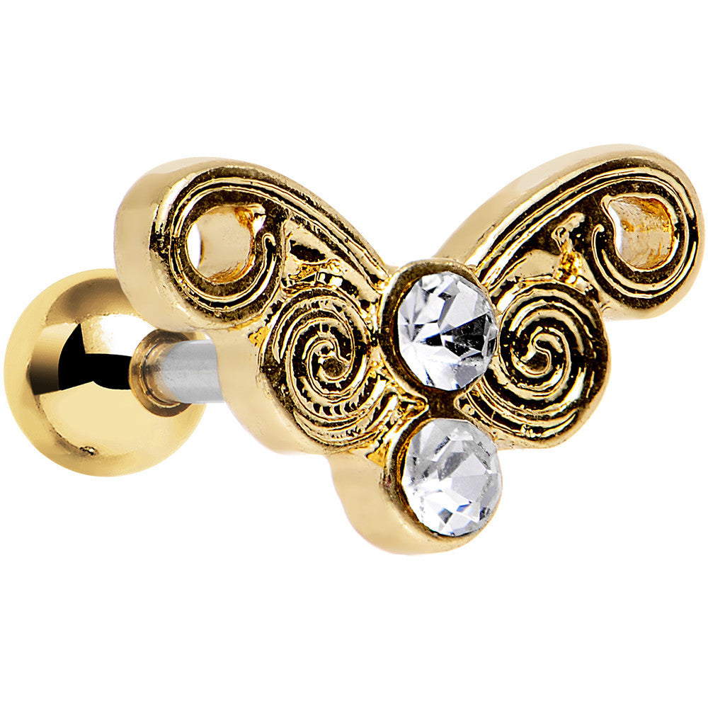 16 Gauge 1/4 Clear Gleaming Steel Swirly Butterfly Cartilage Earring