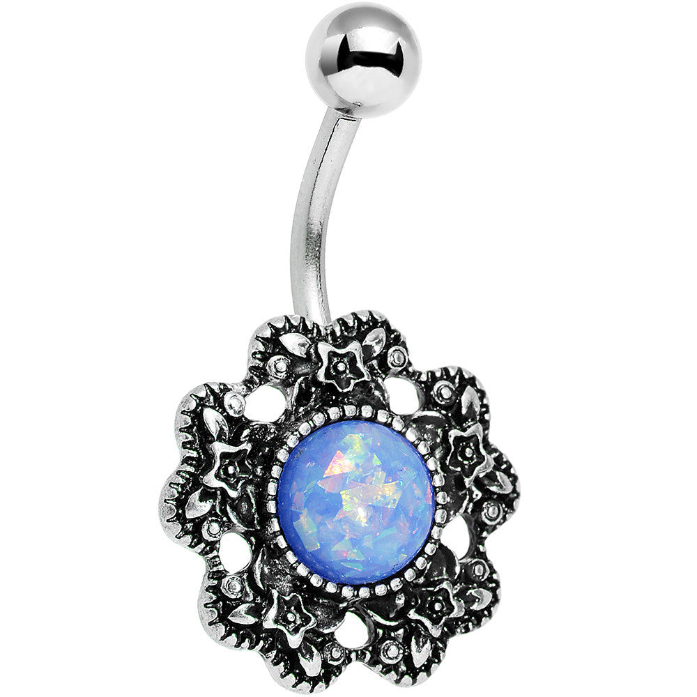 Blue Faux Opal Forget Me Never Flower Belly Ring