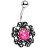 Pink Faux Opal Forget Me Never Flower Belly Ring