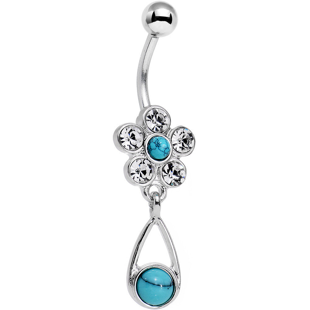 Faux Turquoise Clear Gem Falling For Flowers Dangle Belly Ring