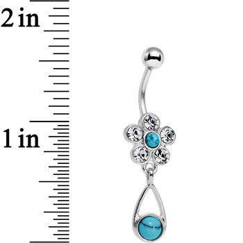 Faux Turquoise Clear Gem Falling For Flowers Dangle Belly Ring