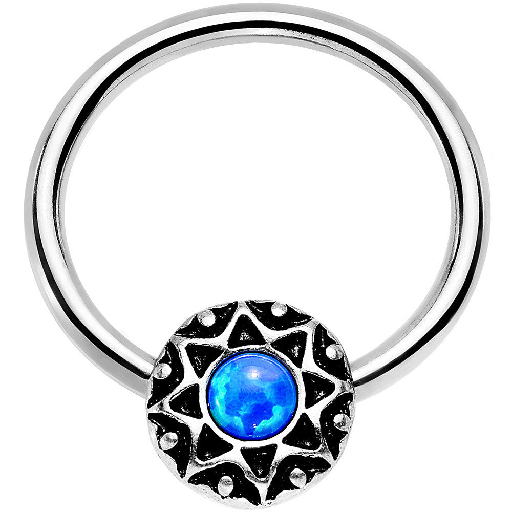 14 Gauge 9/16 Blue Faux Opal Steel Ornate Star Symbol Captive Ring