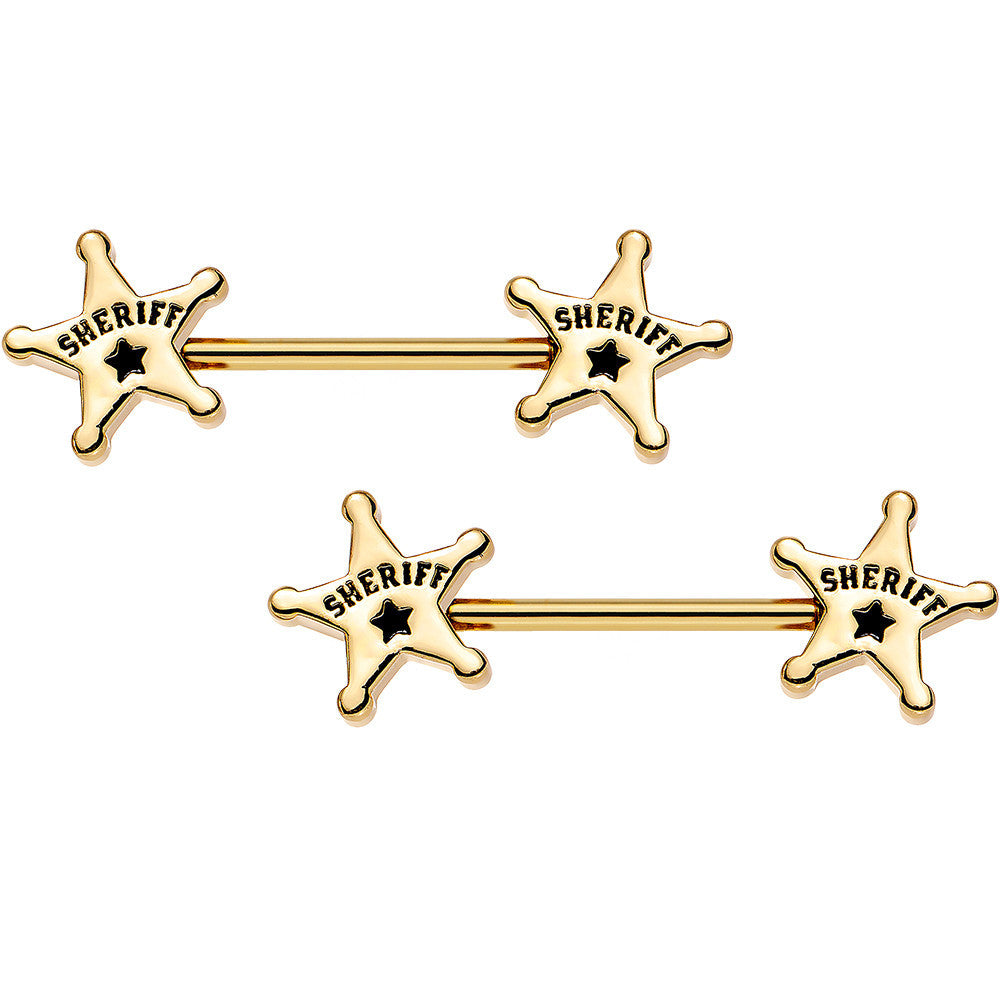 14G 5/8 Gold Plated Steel Sheriffs Badge Nipple Barbell Set