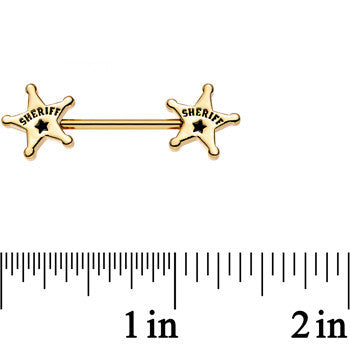 14 Gauge 5/8 Gold Plated Steel Sheriffs Badge Nipple Barbell Set
