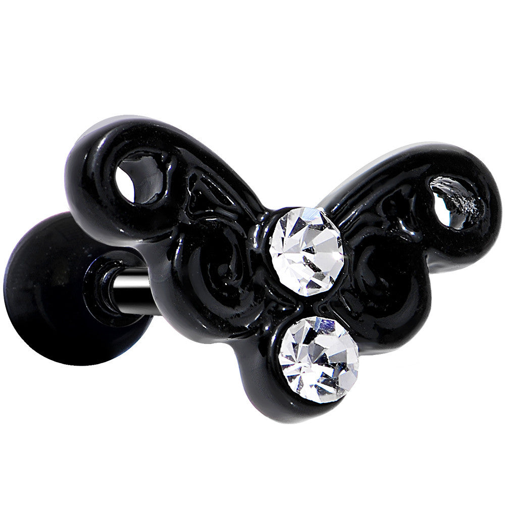 16G 1/4 Clear Gem Black Steel Swirly Butterfly Cartilage Earring