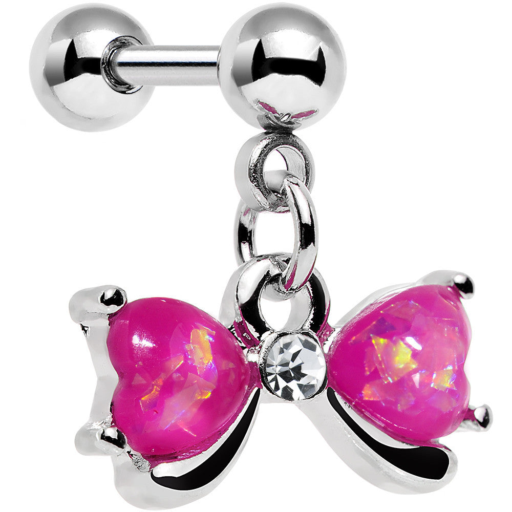 16G 1/4 Pink Faux Opal Heart Bow Dangle Cartilage Earring