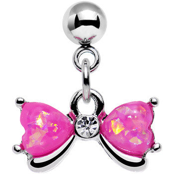 16G 1/4 Pink Faux Opal Heart Bow Dangle Cartilage Earring