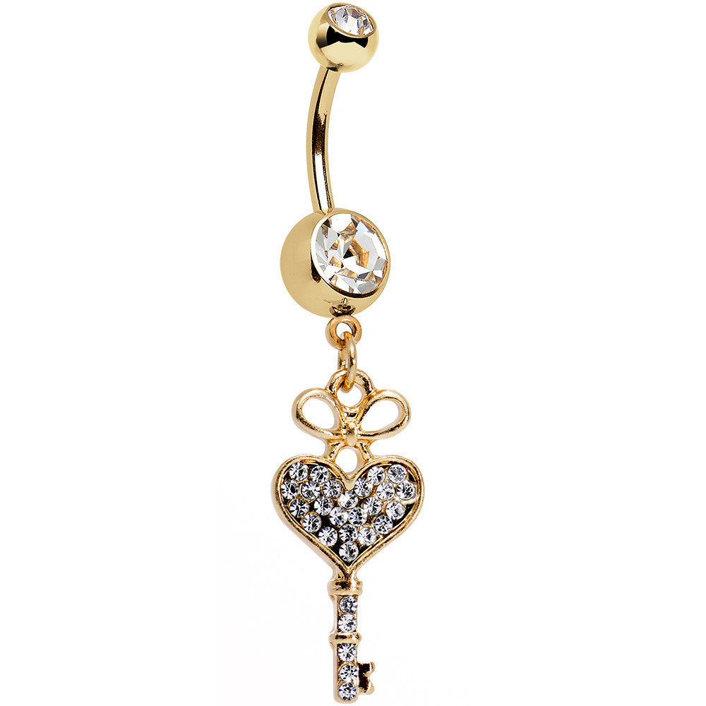 Clear Gem Gold Anodized Have a Heart Hold the Key Dangle Belly Ring