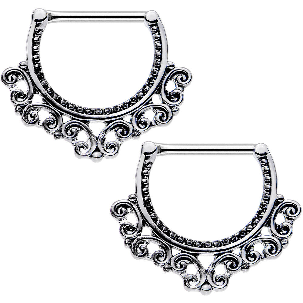 14G 1/2 Steel Tribal Heart Filigree Nipple Clicker Set
