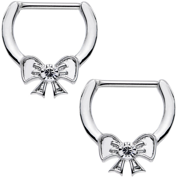 14 Gauge 1/2 Clear Gem Stainless Steel Ribbon Bow Nipple Clicker Set
