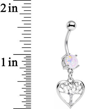 White Faux Opal Clear Gem Tree of Life Heart Dangle Belly Ring