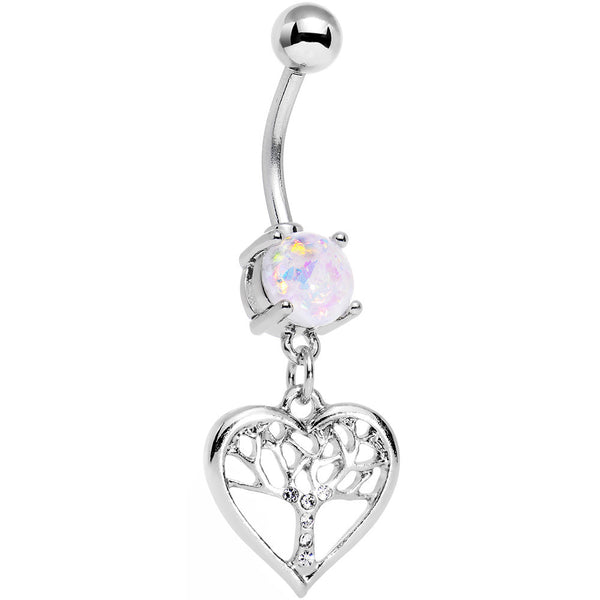 White Faux Opal Clear Gem Tree of Life Heart Dangle Belly Ring