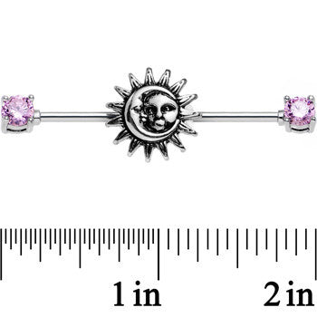14 Gauge Pink CZ Steel Celestial Sun and Moon Industrial Barbell 38mm