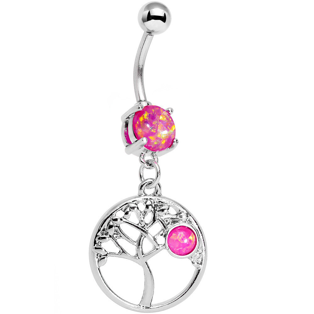 Pink Faux Opal Circular Frame Terra Tree of Life Dangle Belly Ring