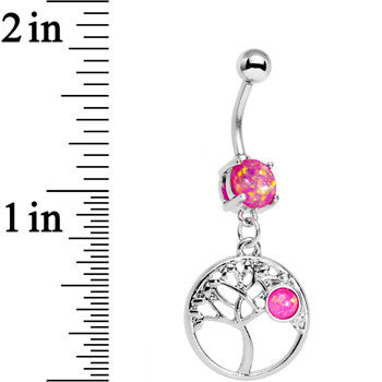 Pink Faux Opal Circular Frame Terra Tree of Life Dangle Belly Ring