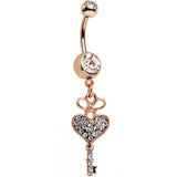 Clear Gem Rose Gold Anodized Have Heart Hold Key Dangle Belly Ring