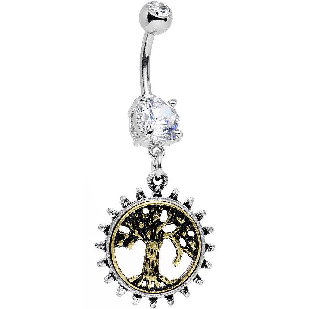 Clear Gem Steampunk Mechanical Tree of Life Dangle Belly Ring