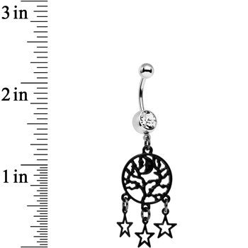 Clear Gem Nighttime Treetop Moon and Stars Dangle Belly Ring