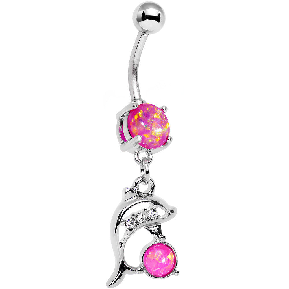 Pink Faux Opal Diving Dolphin Dangle Belly Ring