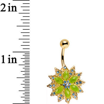 Green Aqua Gem Gold Anodized Starbust Power Flower Belly Ring
