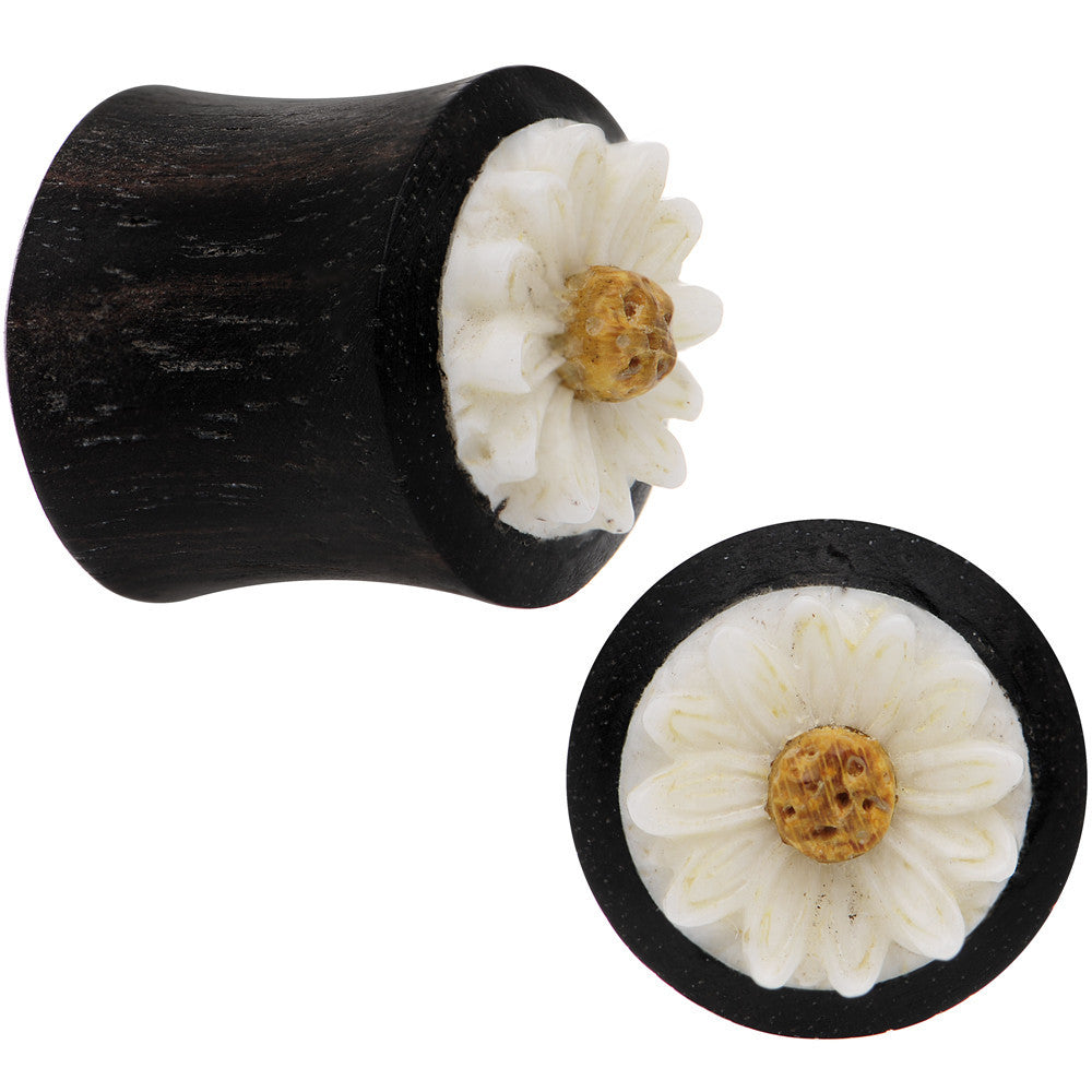 7/16 Gauge Organic Black Wood White Detailed Daisy Flower Saddle Plug Set