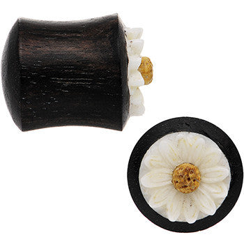 7/16 Gauge Organic Black Wood White Detailed Daisy Flower Saddle Plug Set