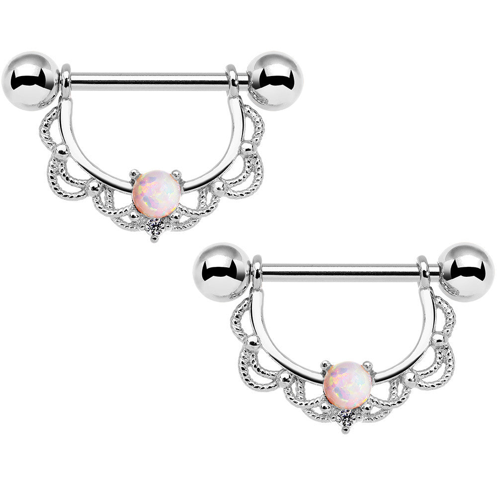 14 Gauge 5/8 White Synthetic Opal Steel Scalloped Nipple Ring Set