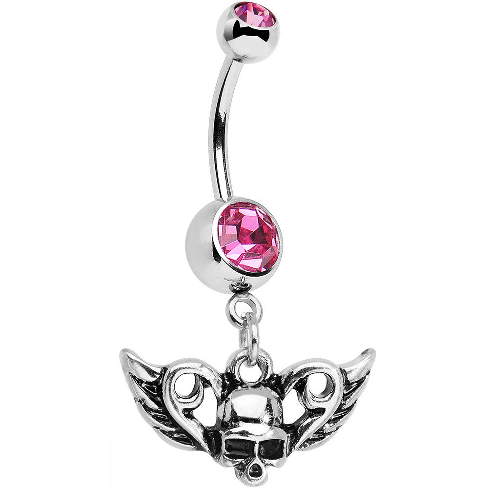 Pink Gem Born to Be Bad Winged Skull Dangle Belly Ring
