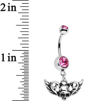 Pink Gem Born to Be Bad Winged Skull Dangle Belly Ring