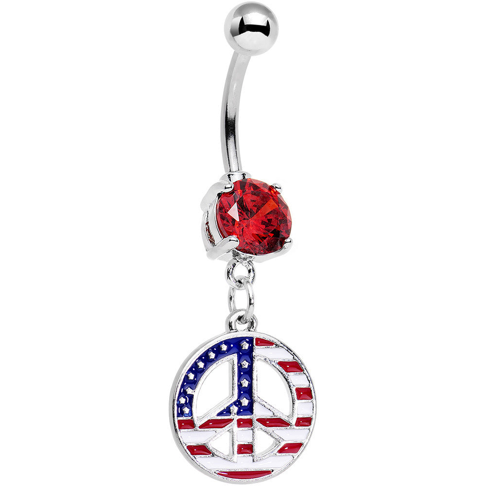 Red Gem American Flag Print Peace Sign Dangle Belly Ring