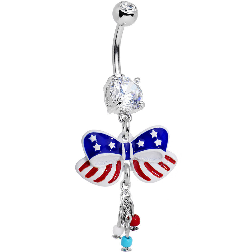 Clear Red Blue CZ Gem All American Flag Ribbon Dangle Belly Ring