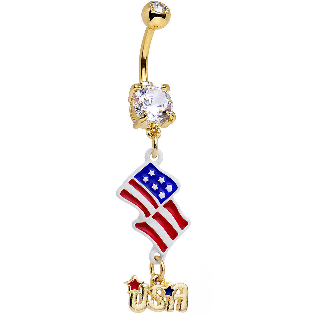 Clear CZ Gem Gold Anodized American Flag USA Dangle Belly Ring