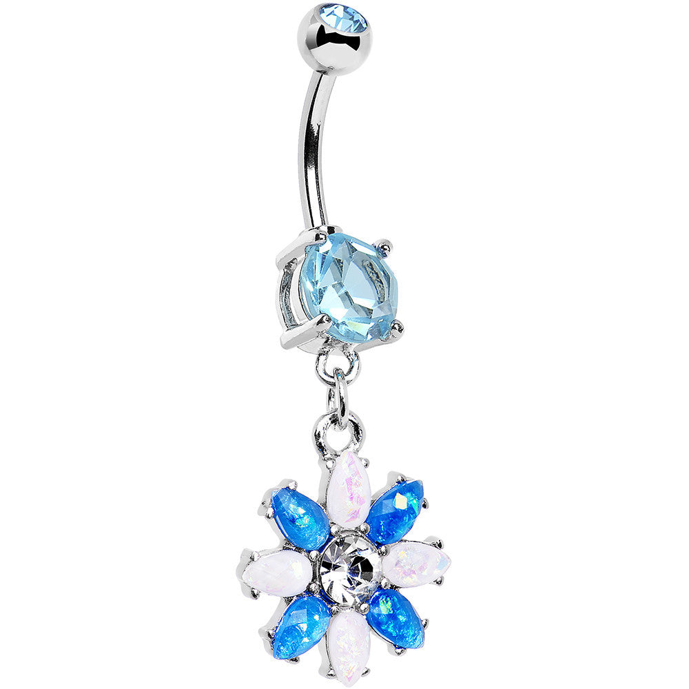 Blue and White Faux Opal Flower Power Dangle Belly Ring