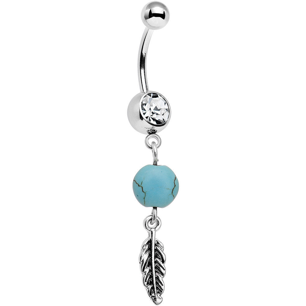 Clear Gem Faux Turquoise Freedom Feather Dangle Belly Ring