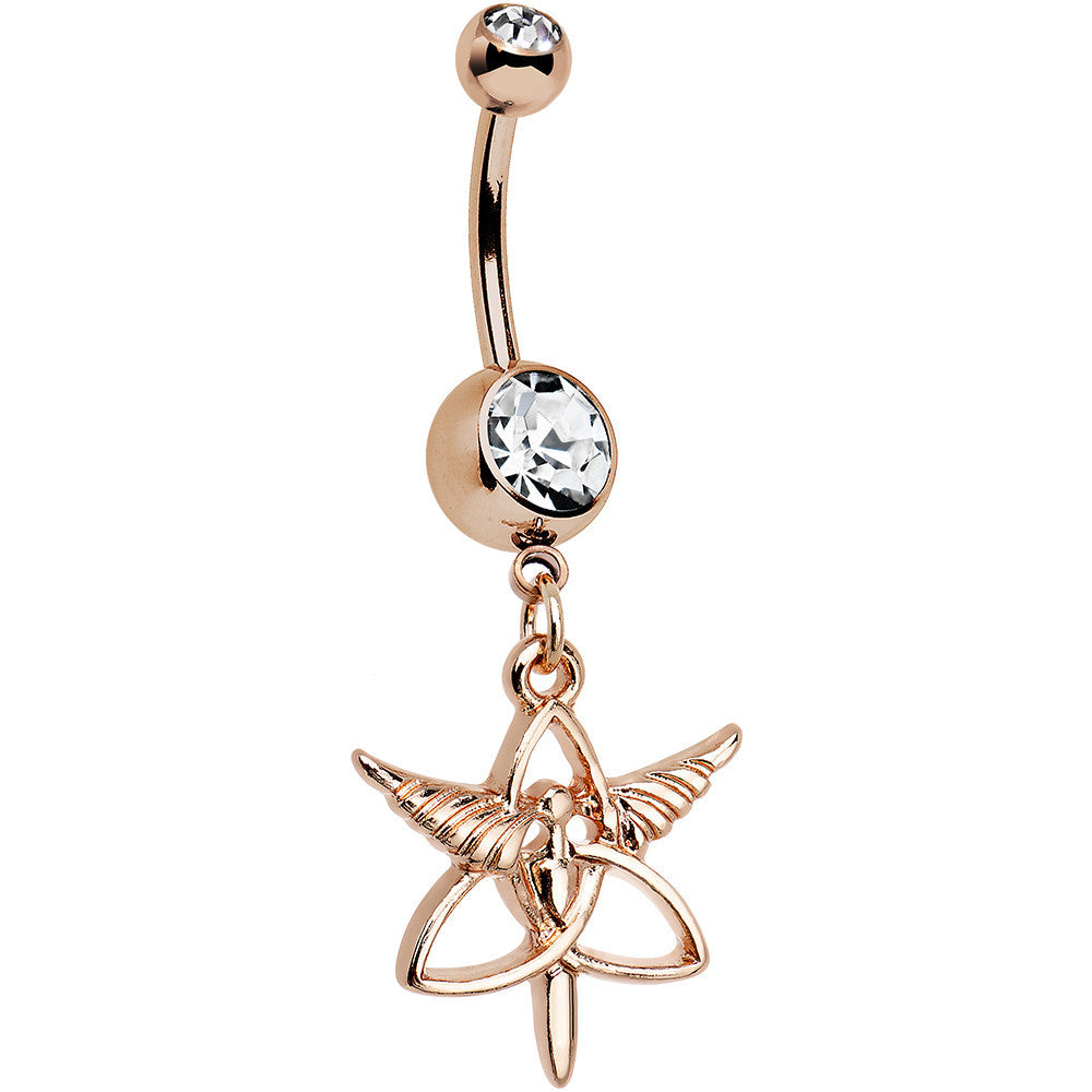 Clear Gem Rose Gold Anodized Heralds Staff Trinity Dangle Belly Ring