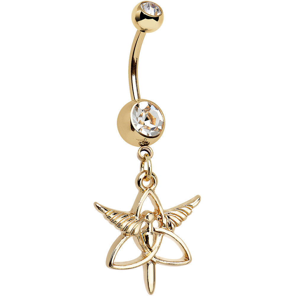Clear Gem Gold Anodized Heroic Heralds Staff Trinity Dangle Belly Ring