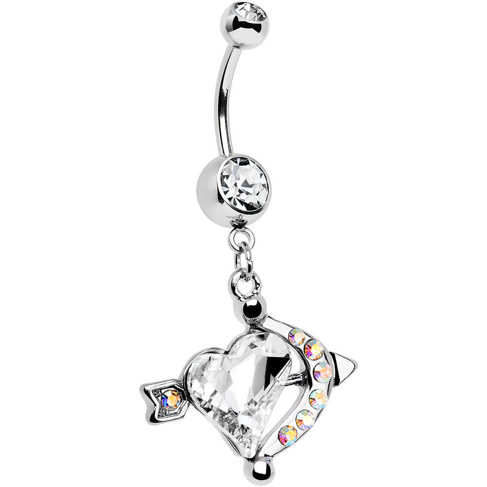 Clear Aurora Gem Cupids Aim Arrow and Heart Dangle Belly Ring