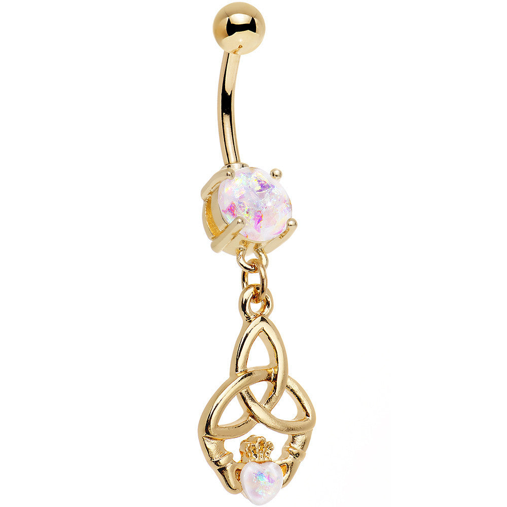 White Faux Opal Gold Anodized Trinity Claddagh Dangle Belly Ring