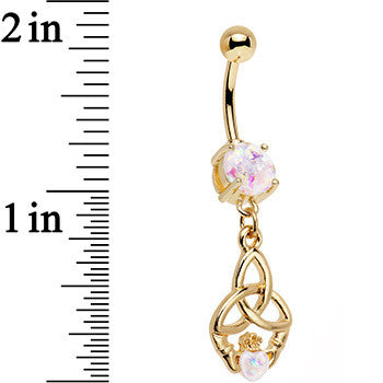 White Faux Opal Gold Anodized Trinity Claddagh Dangle Belly Ring