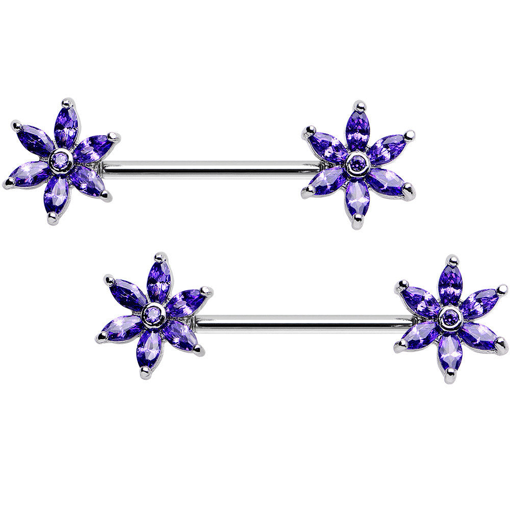 14 Gauge 5/8 Purple CZ Pimpernel Flower Ends Nipple Barbell Set