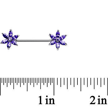 14 Gauge 5/8 Purple CZ Pimpernel Flower Ends Nipple Barbell Set