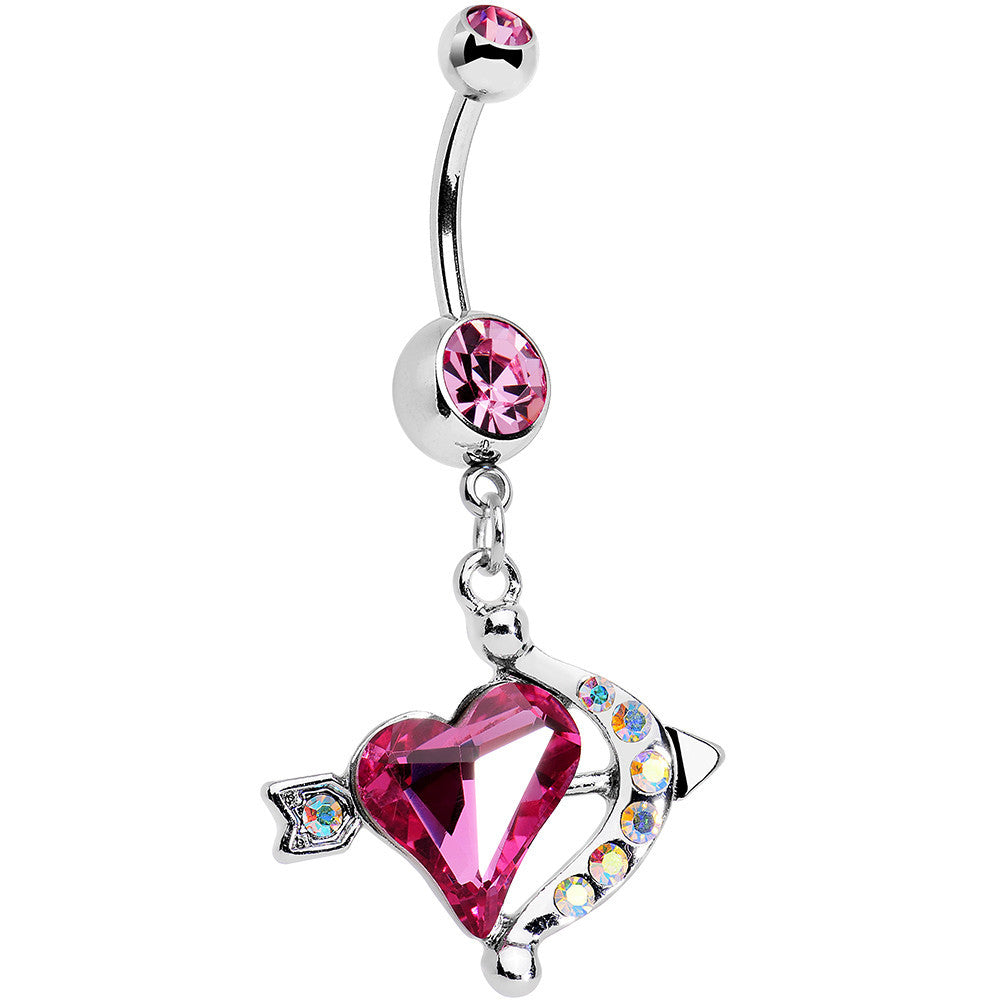 Pink Aurora Gem Cupid Kiss Arrow and Heart Dangle Belly Ring