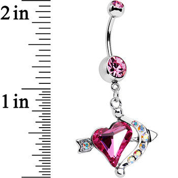 Pink Aurora Gem Cupid Kiss Arrow and Heart Dangle Belly Ring