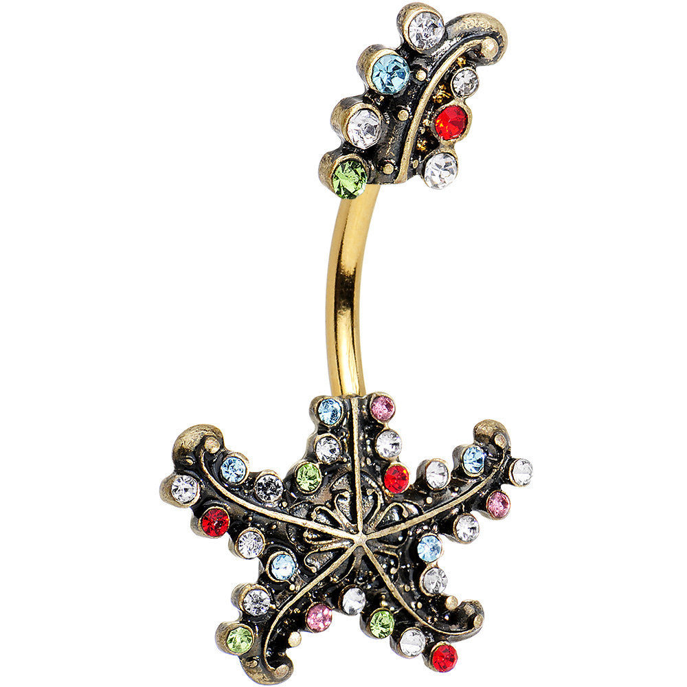 Multicolor Gem Gold PVD Seeing Starfish Double Mount Belly Ring