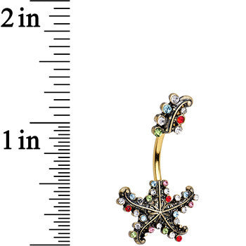 Multicolor Gem Gold PVD Seeing Starfish Double Mount Belly Ring