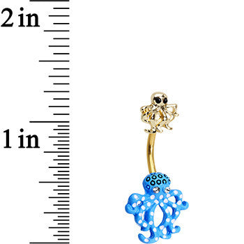 Clear Black Gem Gold PVD Gold and Blue Octopus Double Mount Belly Ring
