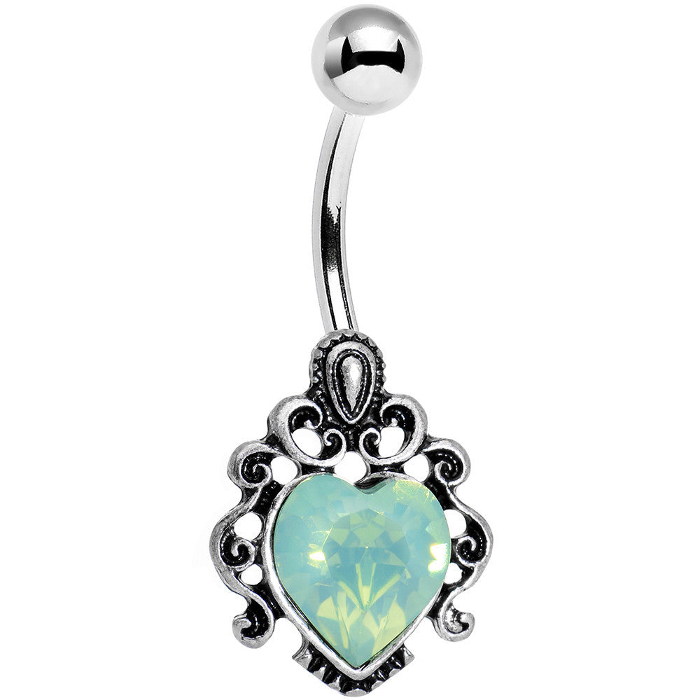 Light Green Faux Opal Heart Lovely Filigree Belly Ring