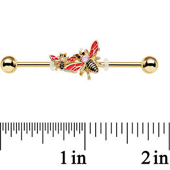 14G Pink Faux Opal Gold PVD Bumblebee Industrial Barbell 38mm
