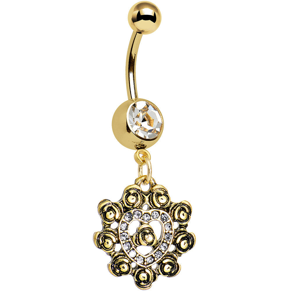 Clear Gem Rose Gold Anodized Rose Flower Frame Heart Dangle Belly Ring