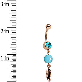 Aqua Gem Rose Gold Anodized Faux Turquoise Feather Dangle Belly Ring